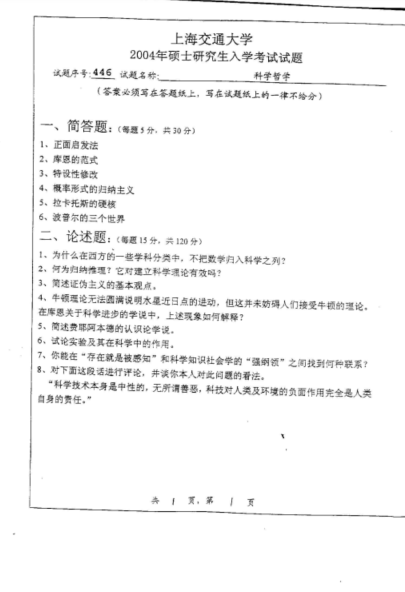 上海交通大学科学技术哲学833科学哲学2004真题.pdf